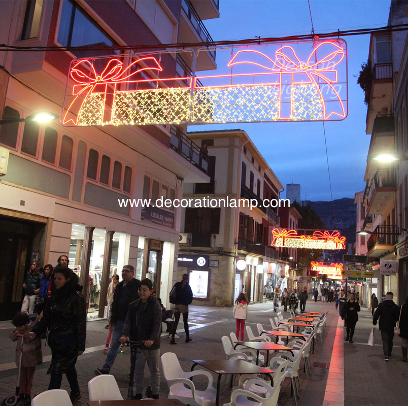 red christmas ribbon bow outdoor street decoration lights